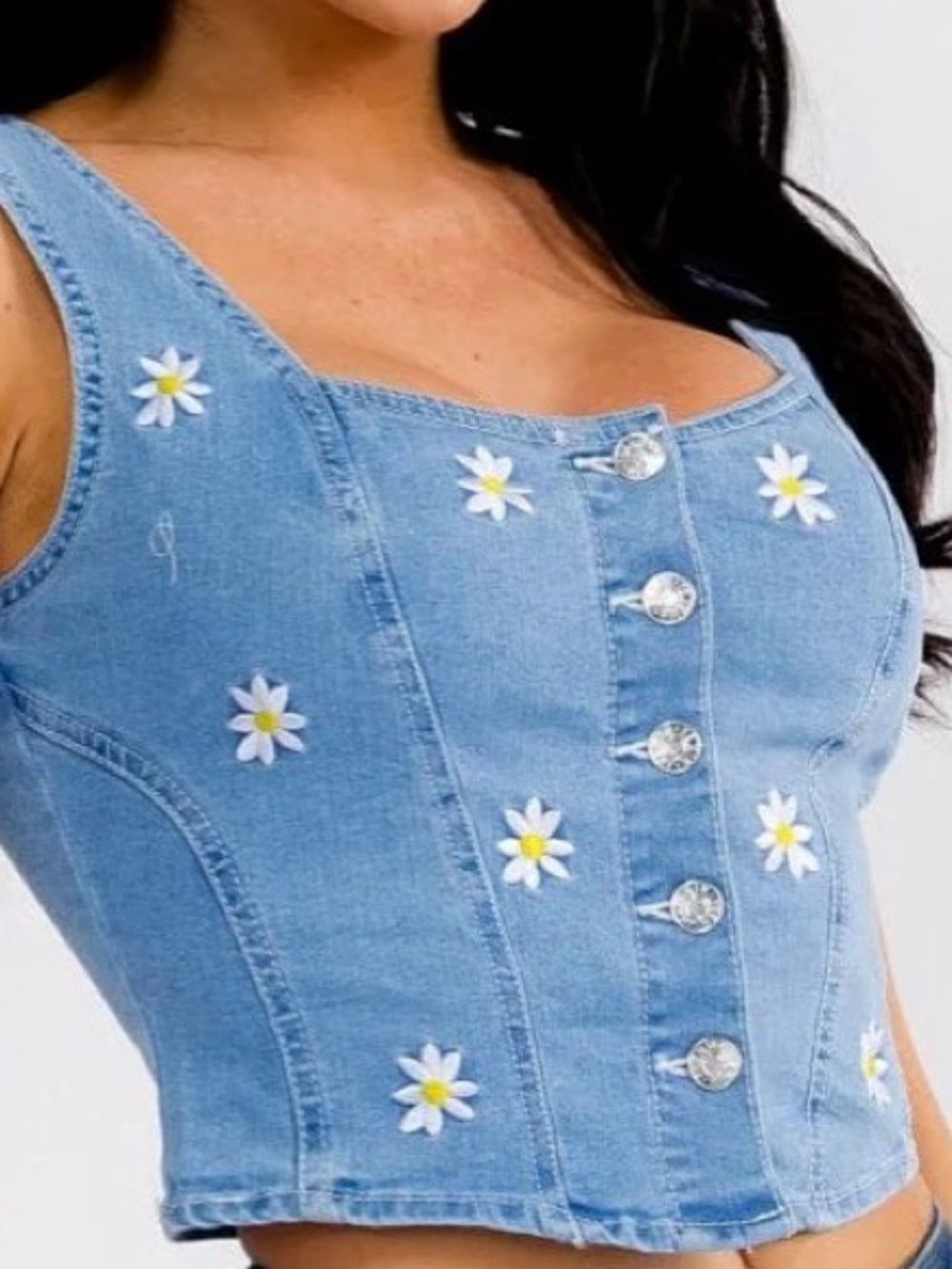 A360. Embroidered Daisy Light Blue Denim Women's Jeans Vest Top