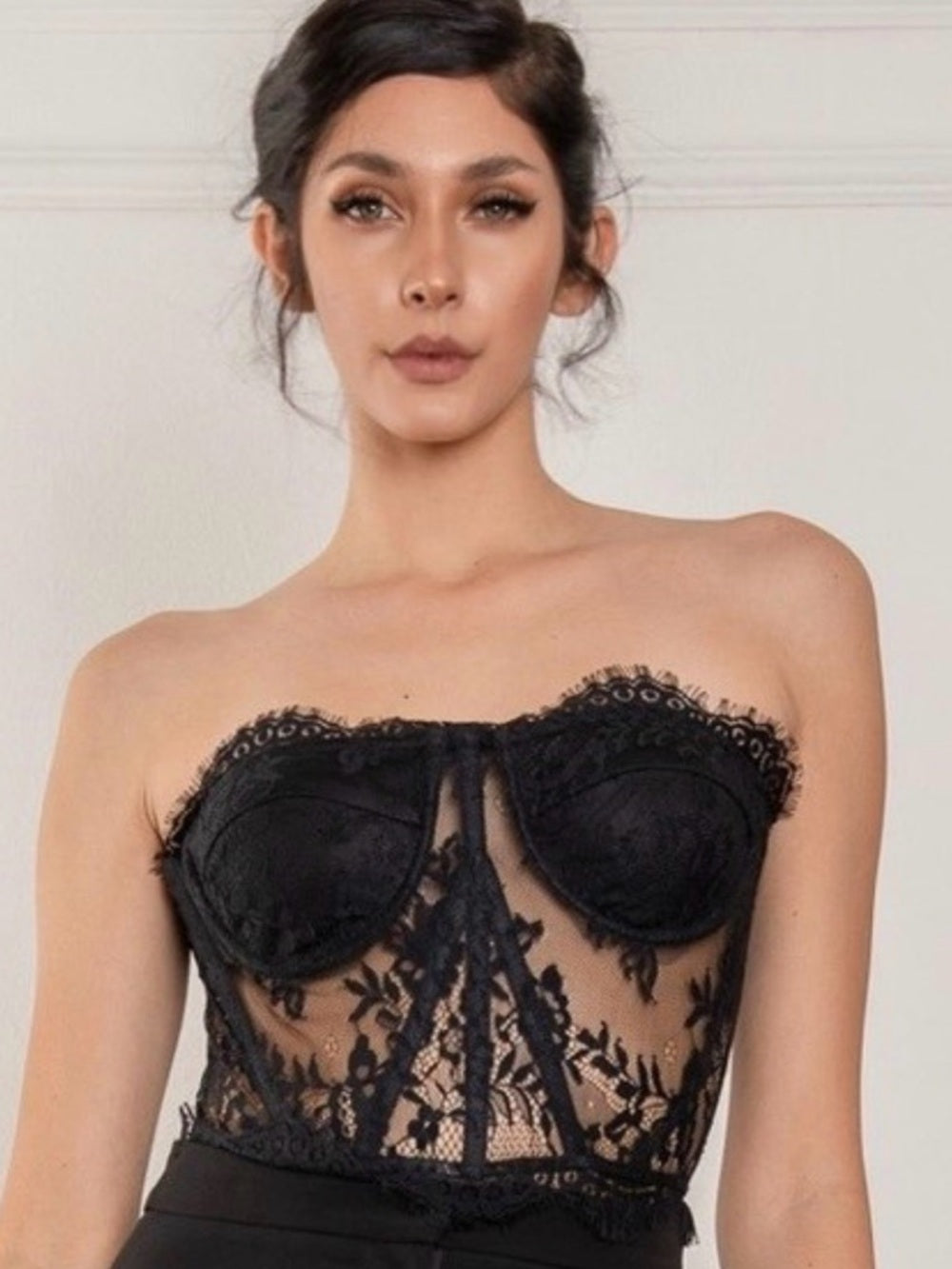 A366. Black Strapless Lace Bustier Corset Top