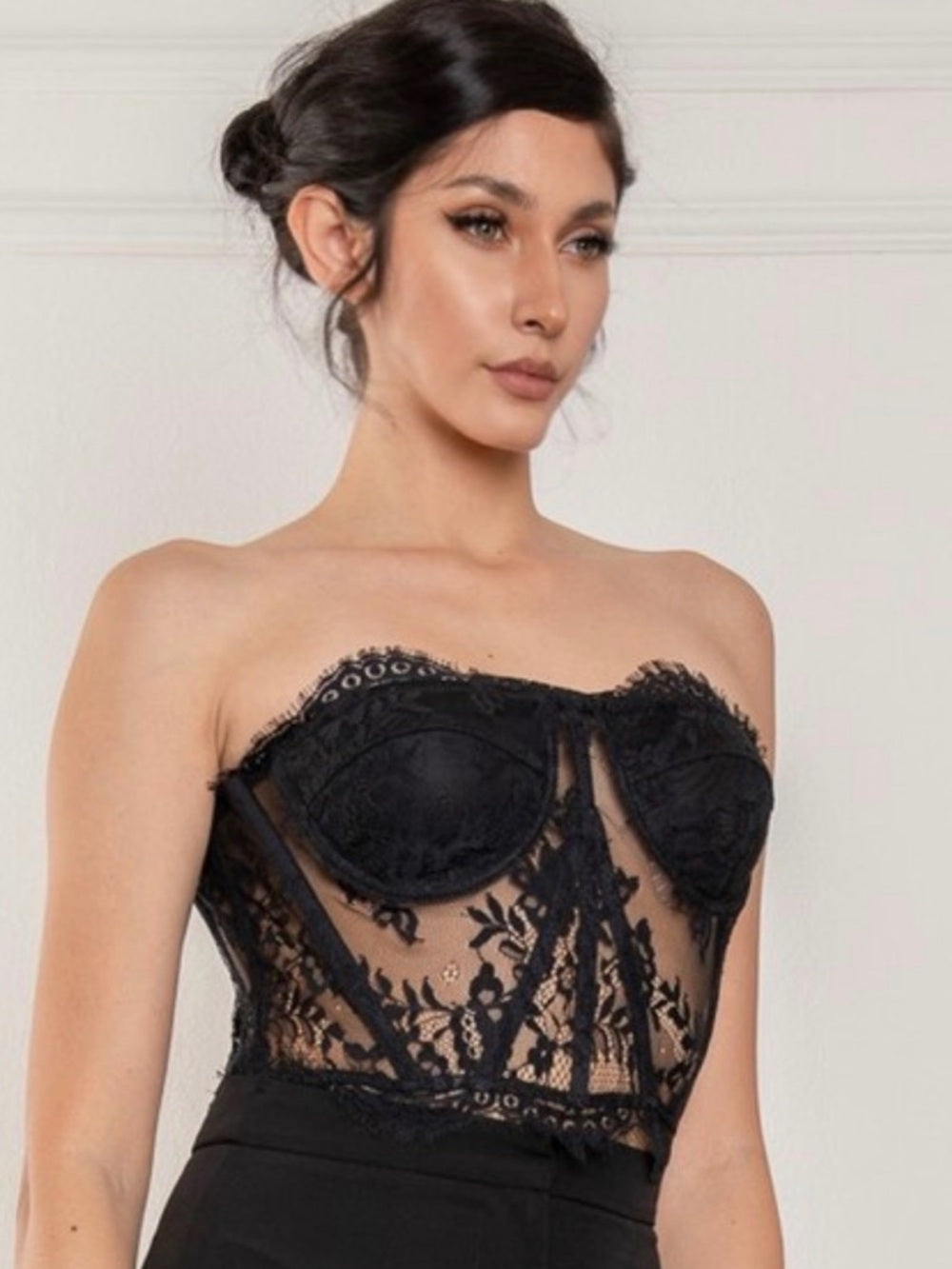 A366. Black Strapless Lace Bustier Corset Top
