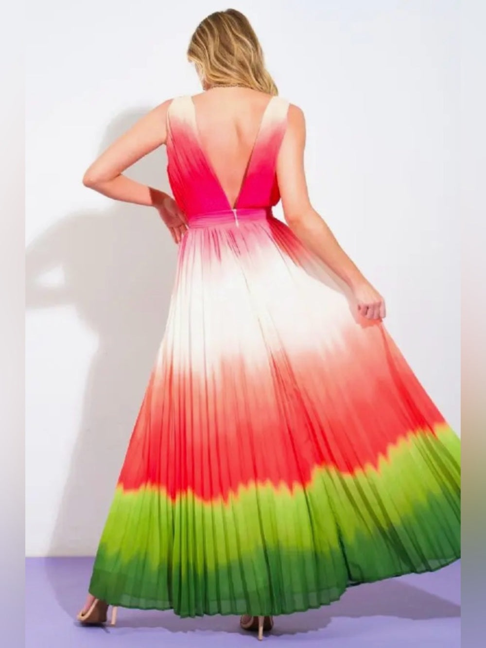 A371. Watermelon Ombre V-Neck Pleated Maxi Dress in Pink, White & Green