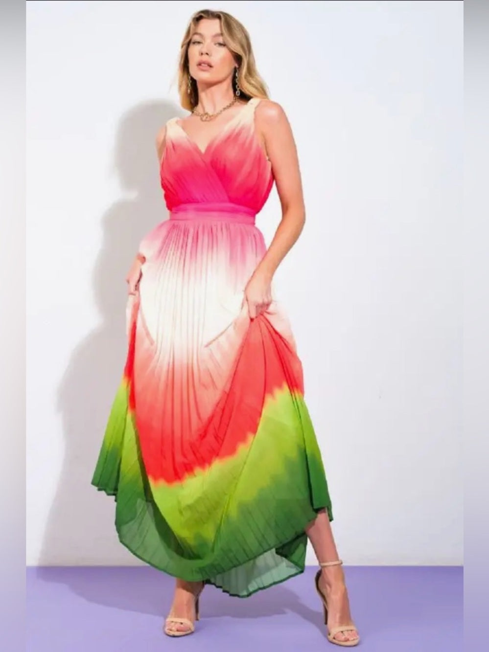A371. Watermelon Ombre V-Neck Pleated Maxi Dress in Pink, White & Green