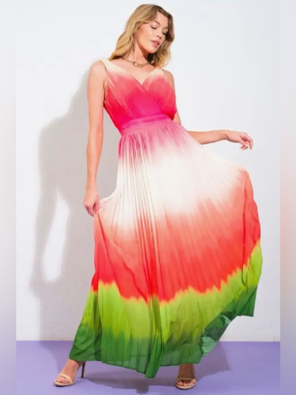 A371. Watermelon Ombre V-Neck Pleated Maxi Dress in Pink, White & Green