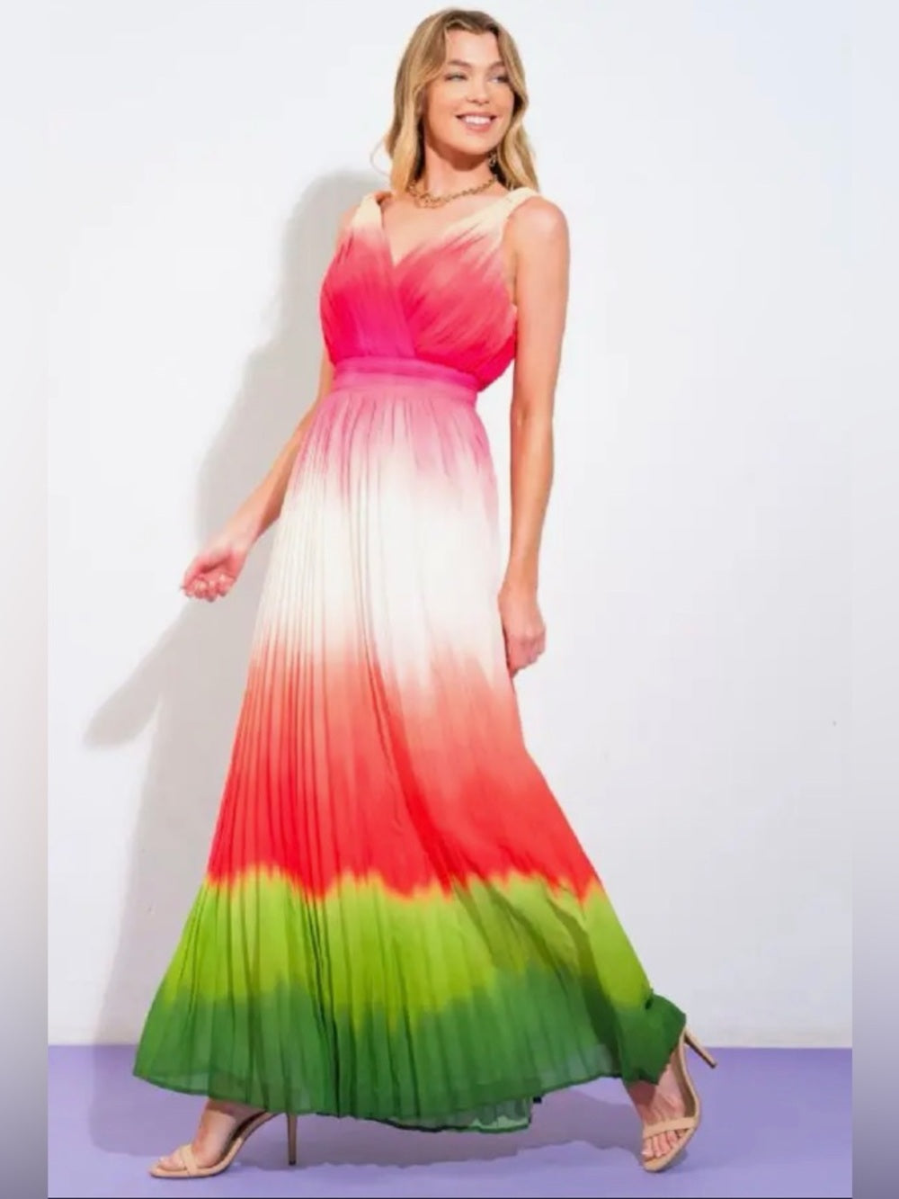 A371. Watermelon Ombre V-Neck Pleated Maxi Dress in Pink, White & Green