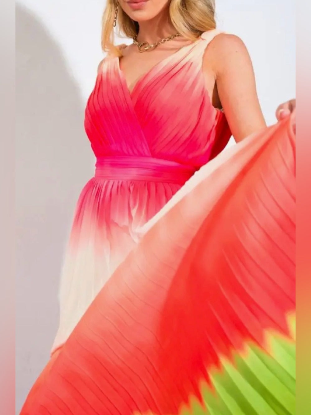 A371. Watermelon Ombre V-Neck Pleated Maxi Dress in Pink, White & Green