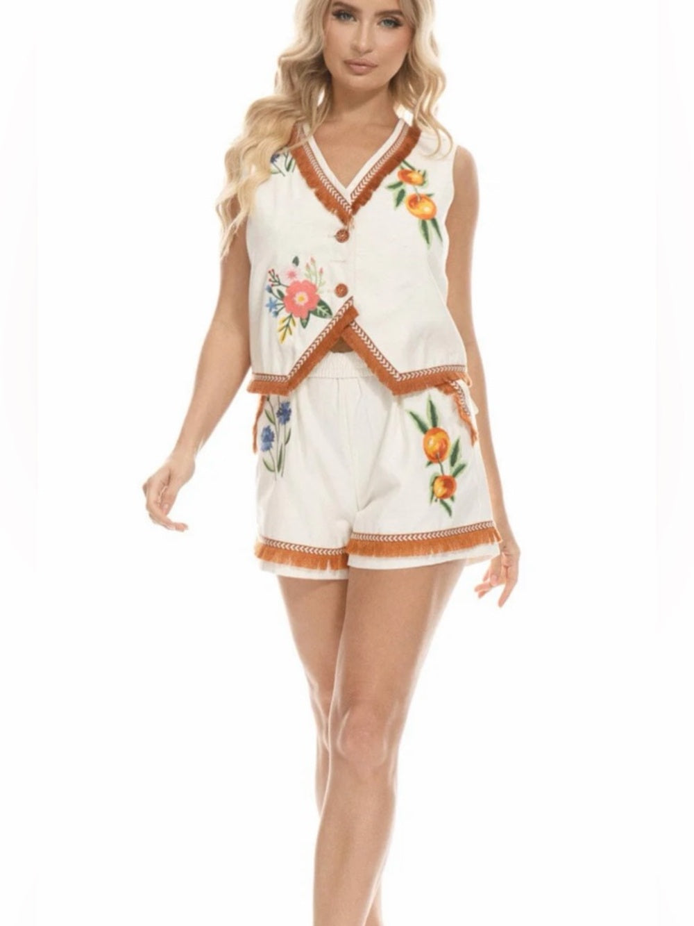 A374. Embroidered Floral Two-Piece Vest & Shorts Set with Orange Fringe Trim