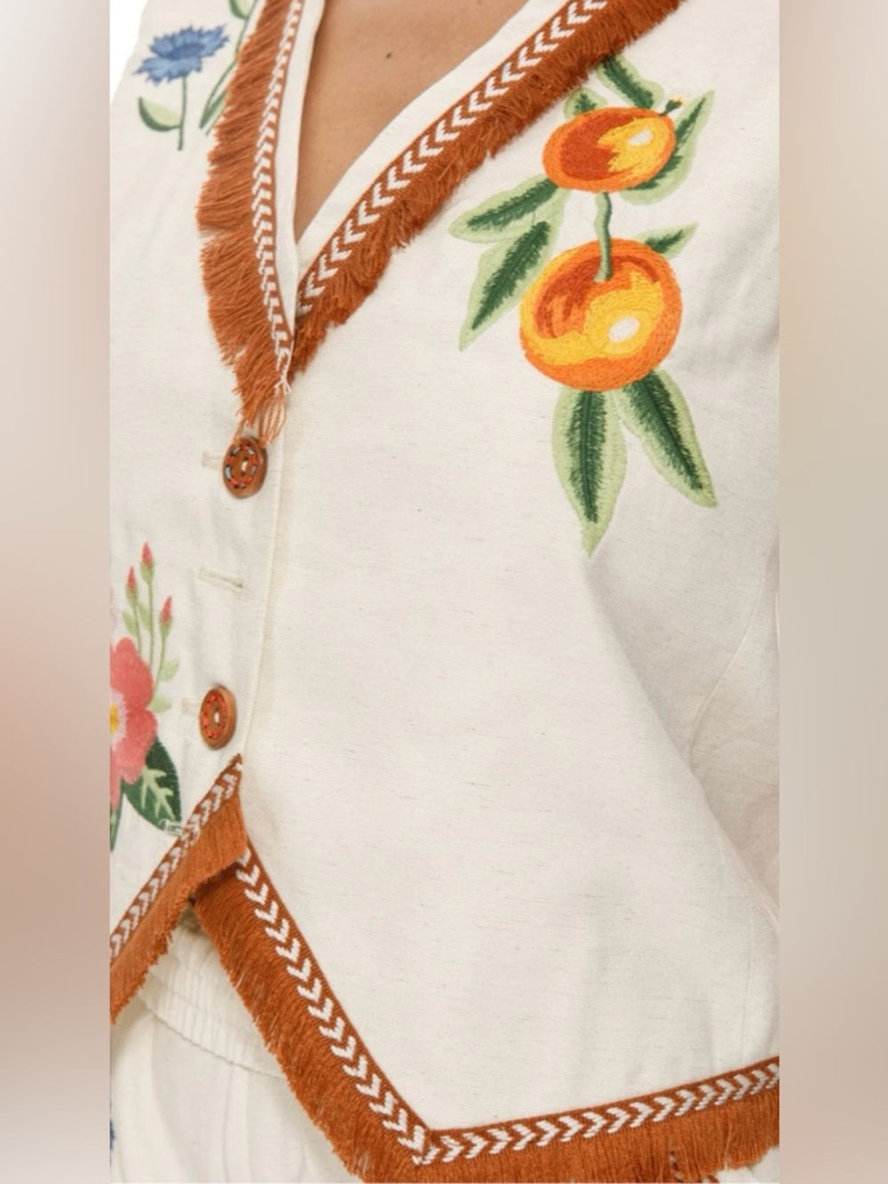 A374. Embroidered Floral Two-Piece Vest & Shorts Set with Orange Fringe Trim