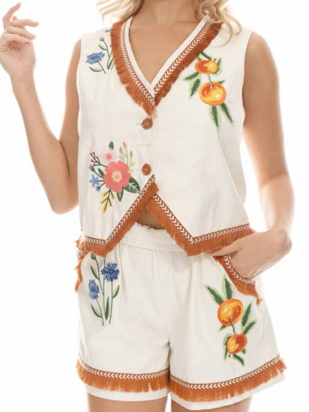 A374. Embroidered Floral Two-Piece Vest & Shorts Set with Orange Fringe Trim