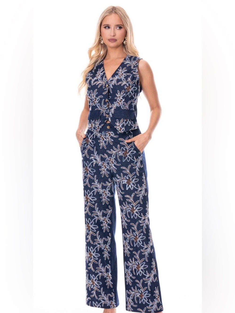 A375. Sleeveless Navy Embroidered Floral Wide-Leg Pants & Vest Ser