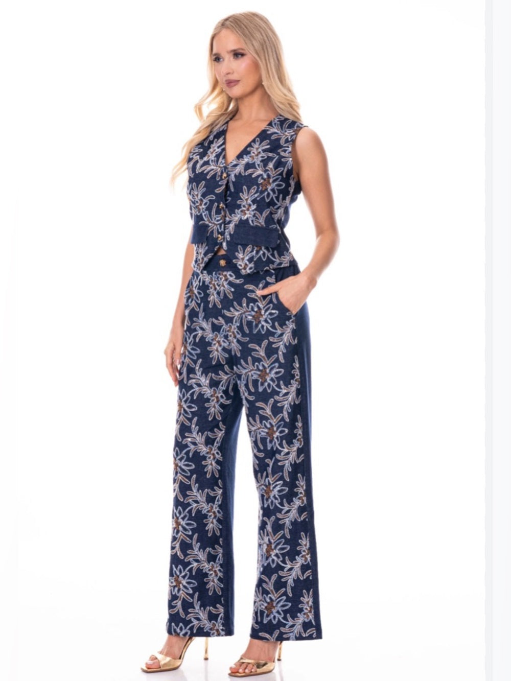 A375. Sleeveless Navy Embroidered Floral Wide-Leg Pants & Vest Ser
