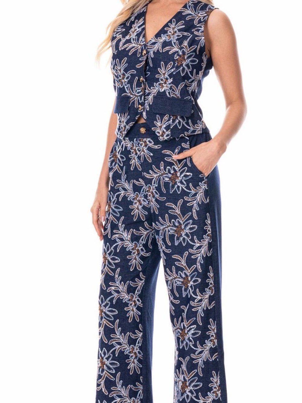 A375. Sleeveless Navy Embroidered Floral Wide-Leg Pants & Vest Ser