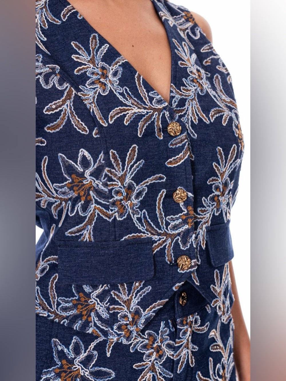 A375. Sleeveless Navy Embroidered Floral Wide-Leg Pants & Vest Ser