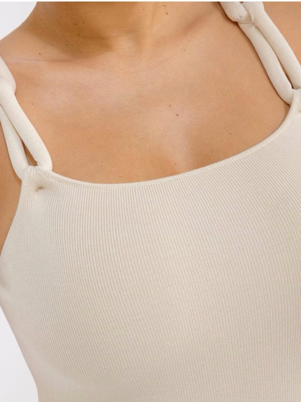 A376. Knot-Shoulder Bodycon Midi Dress - Cream