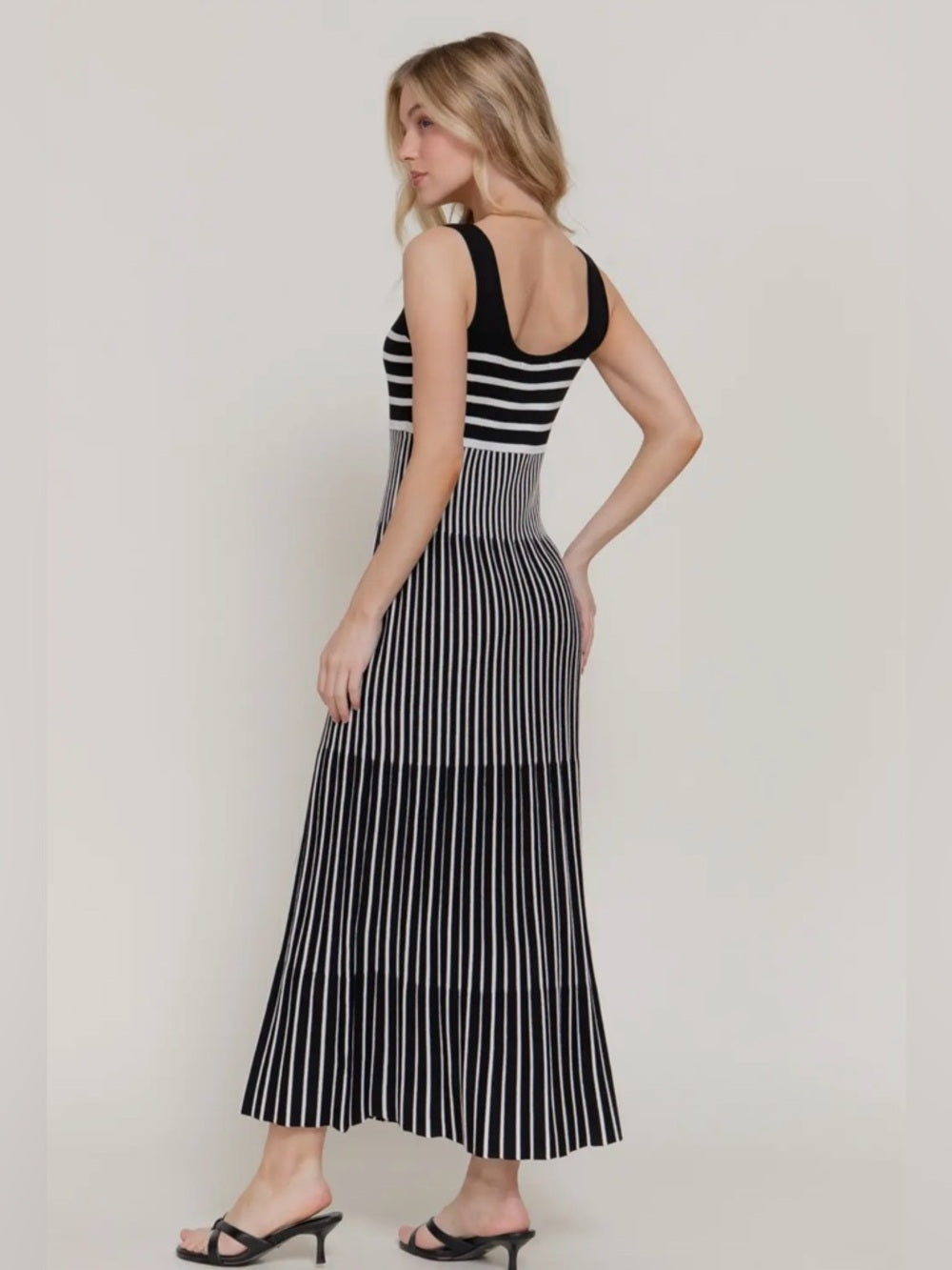 A377. Black and White Striped Knit Maxi Dress