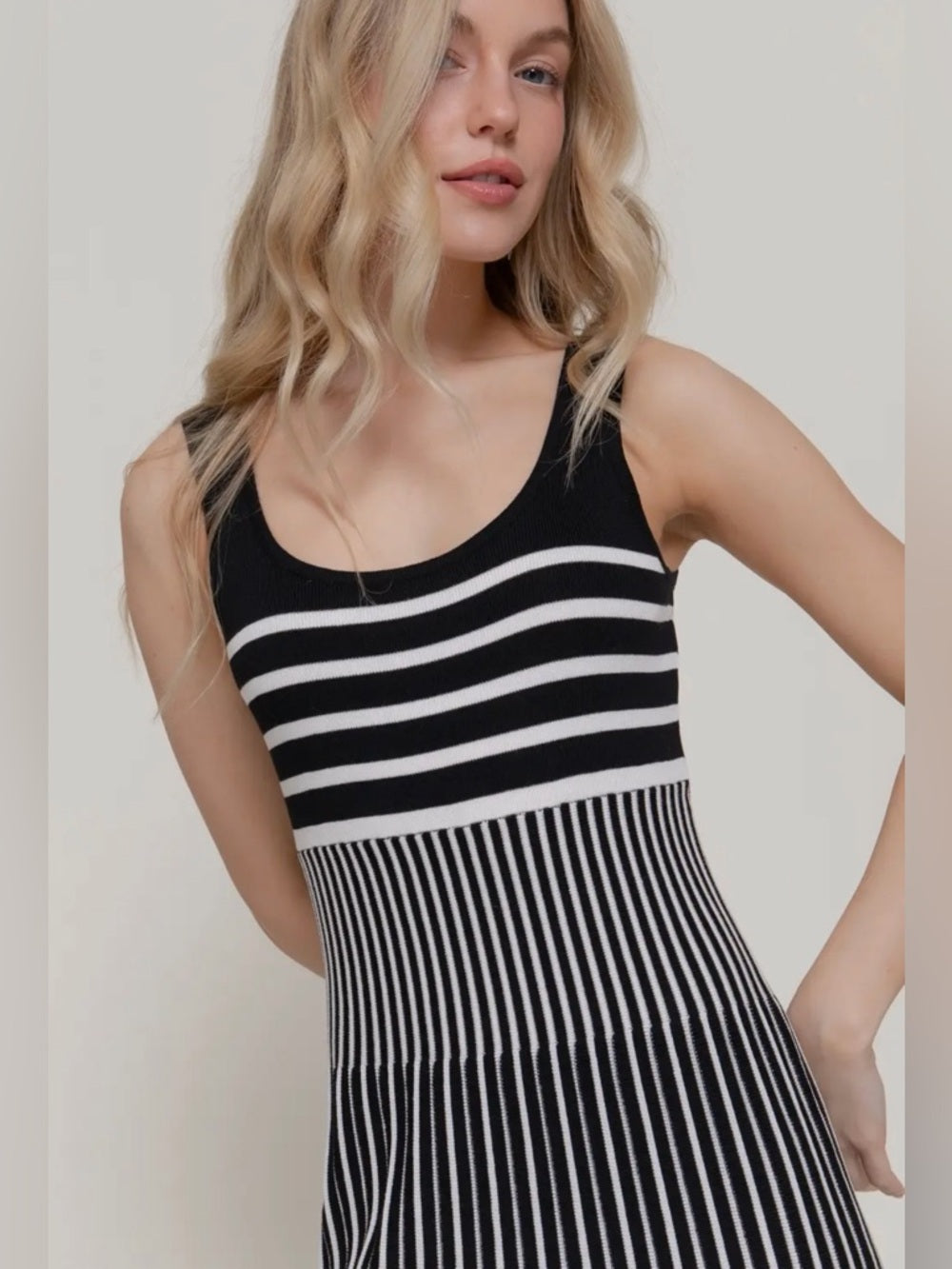 A377. Black and White Striped Knit Maxi Dress