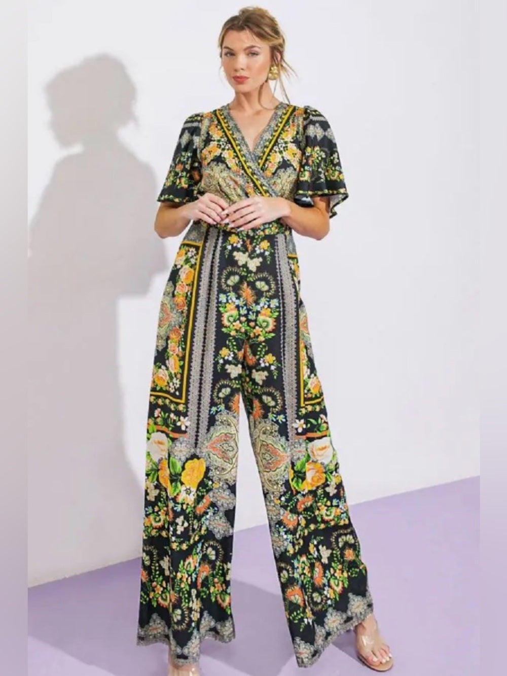 A378. Florence Floral Black Wide-Leg Jumpsuit