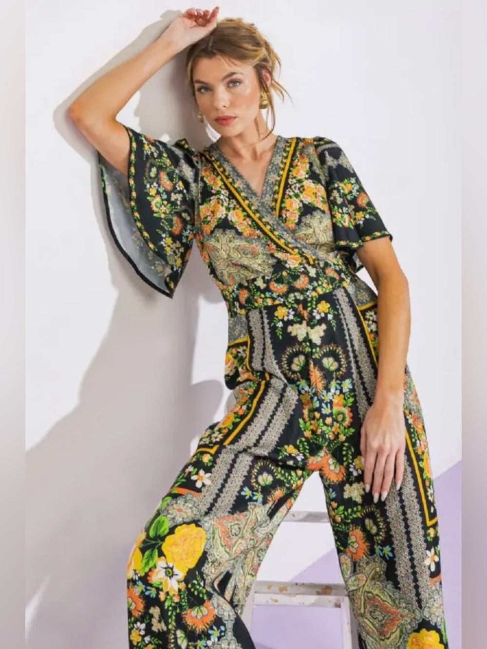 A378. Florence Floral Black Wide-Leg Jumpsuit