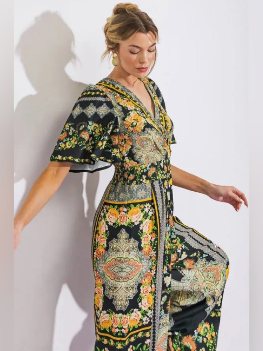 A378. Florence Floral Black Wide-Leg Jumpsuit