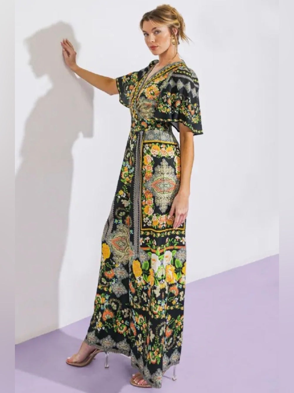 A378. Florence Floral Black Wide-Leg Jumpsuit