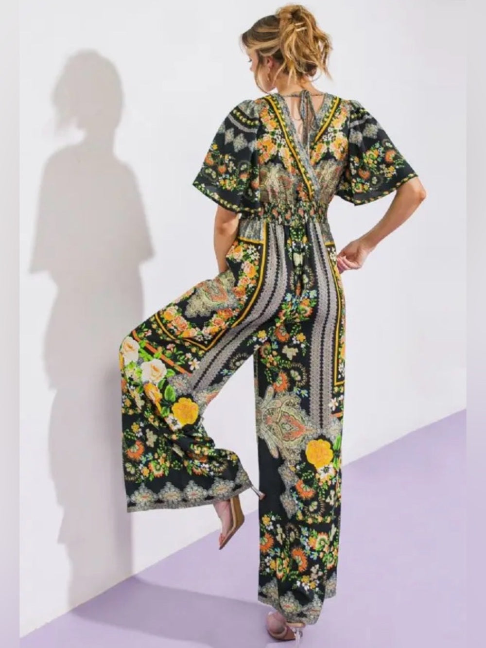 A378. Florence Floral Black Wide-Leg Jumpsuit
