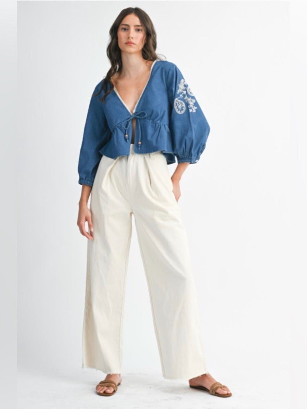 A380. Embroidered V-Neck Peplum Top - Blue