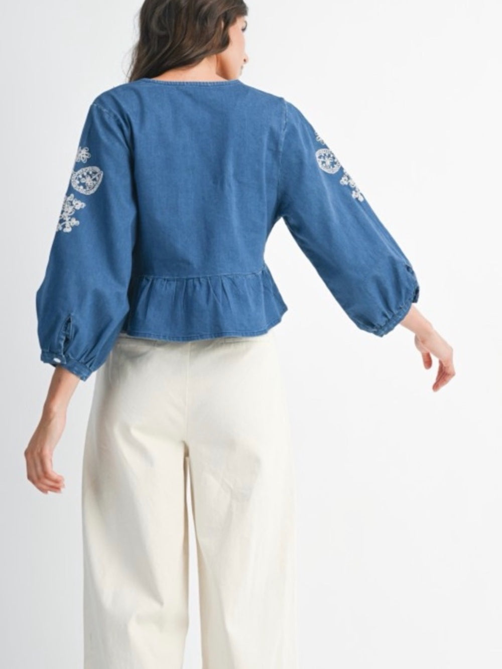 A380. Embroidered V-Neck Peplum Top - Blue