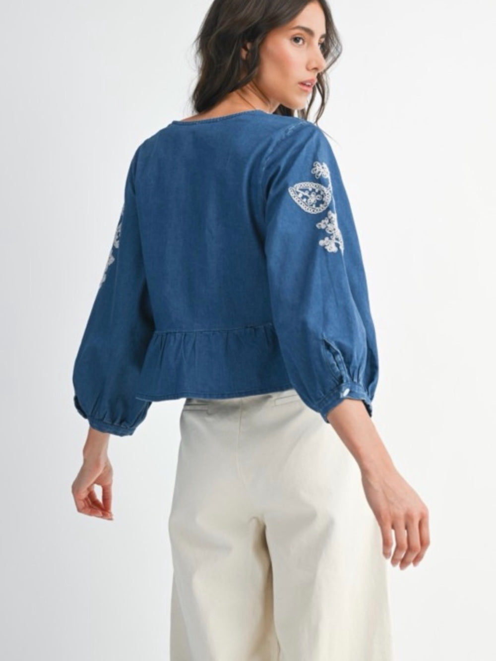A380. Embroidered V-Neck Peplum Top - Blue