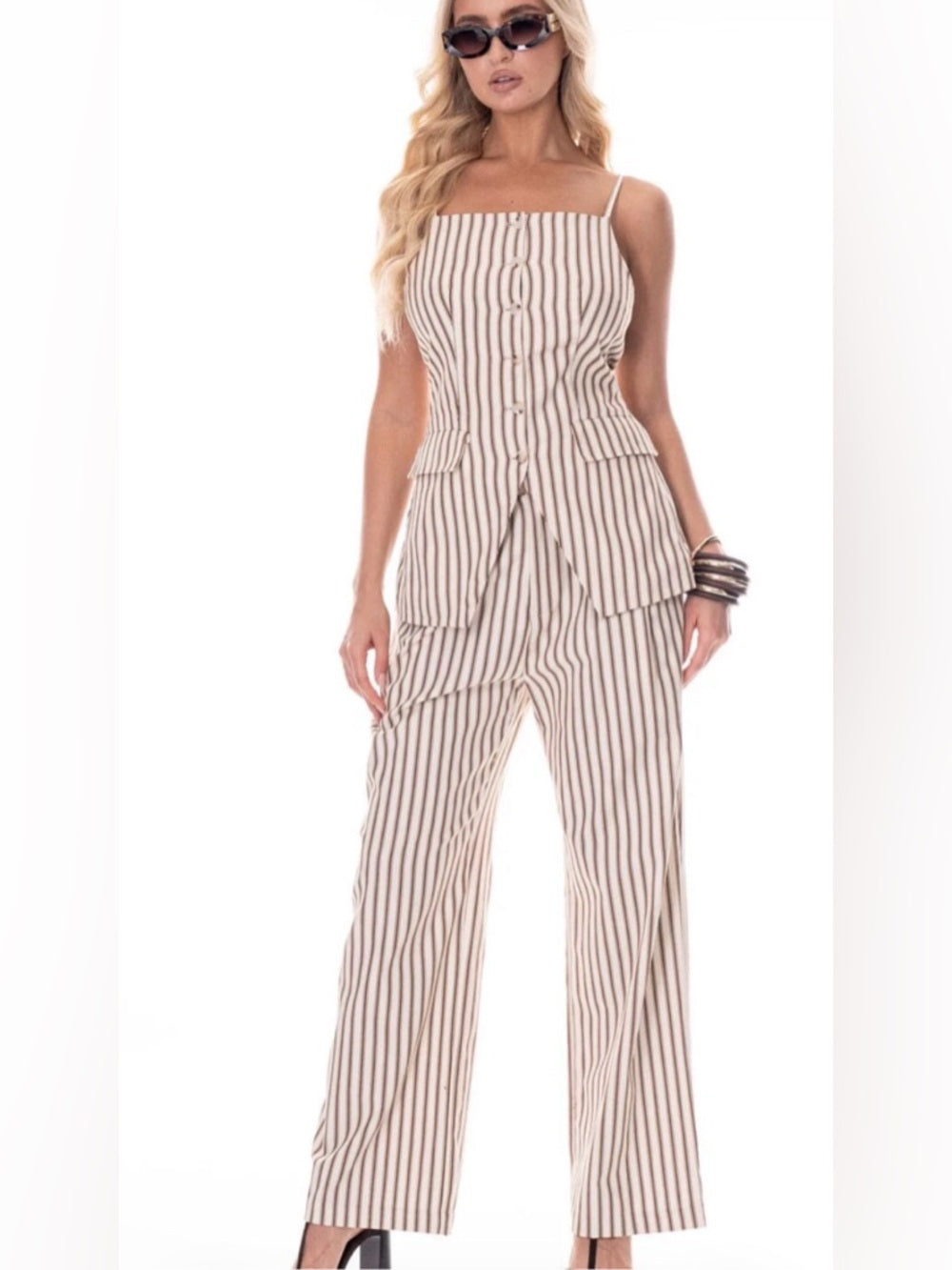 Striped Cream and Brown Wide-Leg Pants & Vest Set