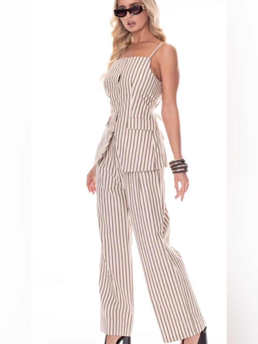 Striped Cream and Brown Wide-Leg Pants & Vest Set