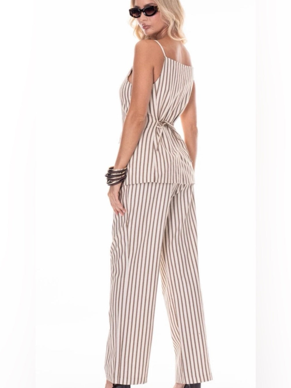 Striped Cream and Brown Wide-Leg Pants & Vest Set