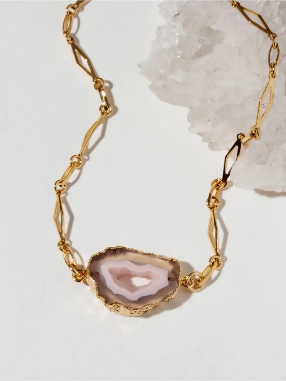 A383, Luna Norte 14K Gold Brass Chain Necklace with Pink Agate Geode Pendant