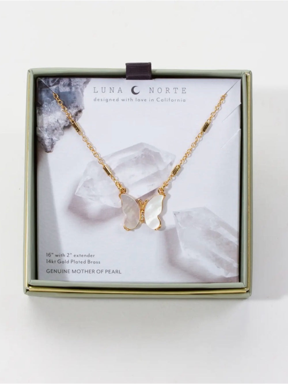 A387. Luna Norte Gold Butterfly Necklace with Mother-of-Pearl Wings