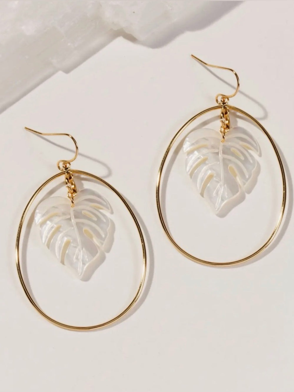 A389. Luna Norte Gold Hoop Earrings with Monstera Leaf Dangles