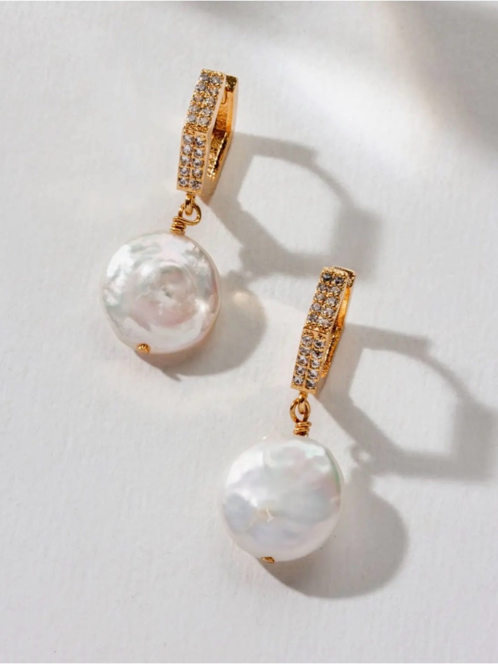 A395. Luna Norte Gold Pavé Huggie Earrings with White Pearl Drops