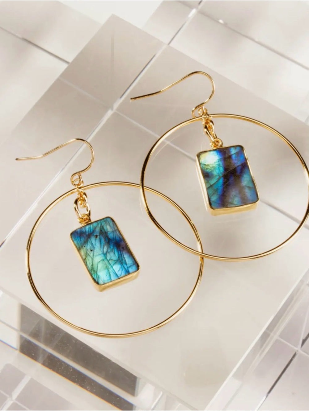 A396. Luna Norte Gold Hoop Earrings with Blue-Green Labradorite Rectangle Drops