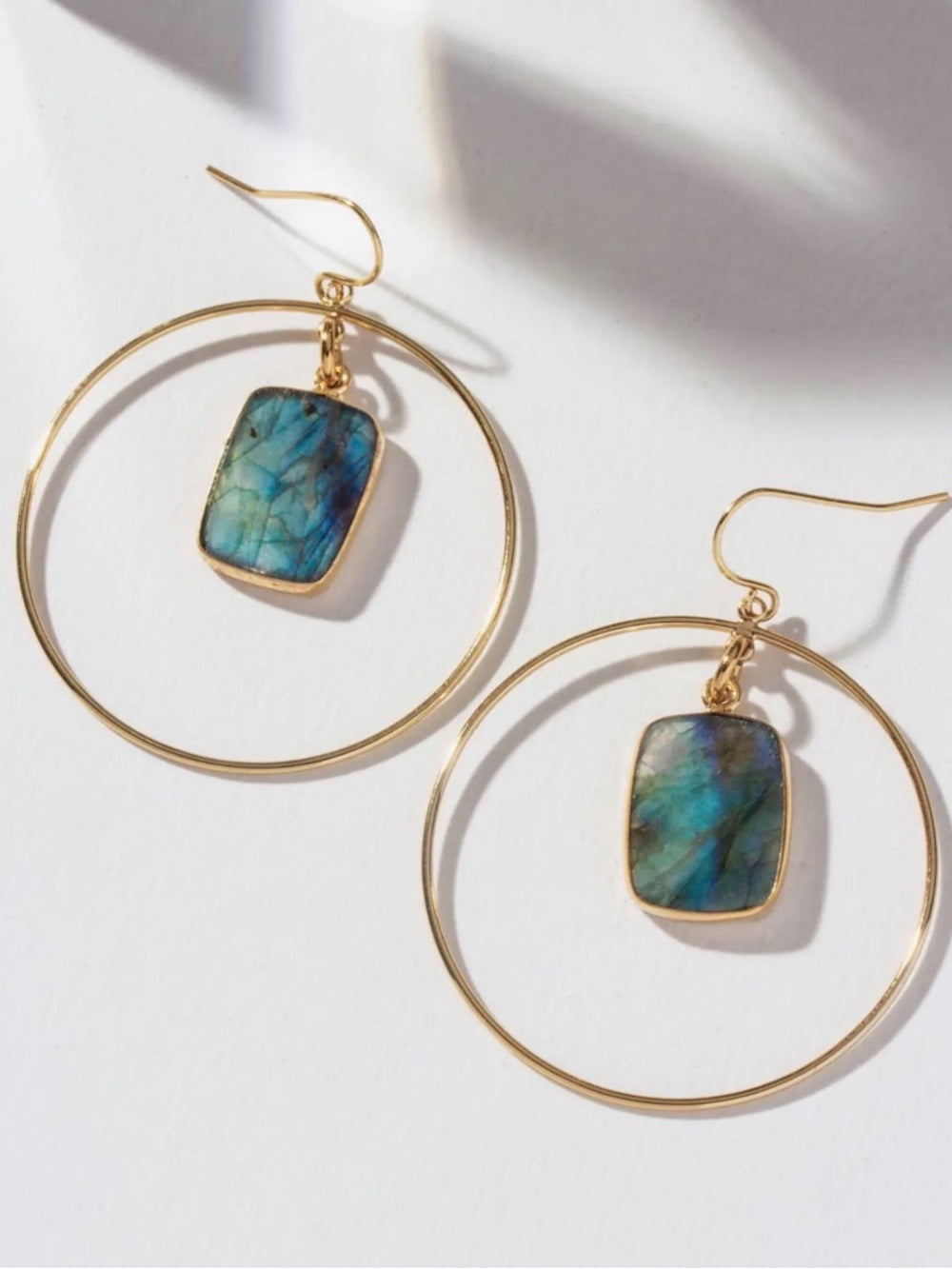 A396. Luna Norte Gold Hoop Earrings with Blue-Green Labradorite Rectangle Drops