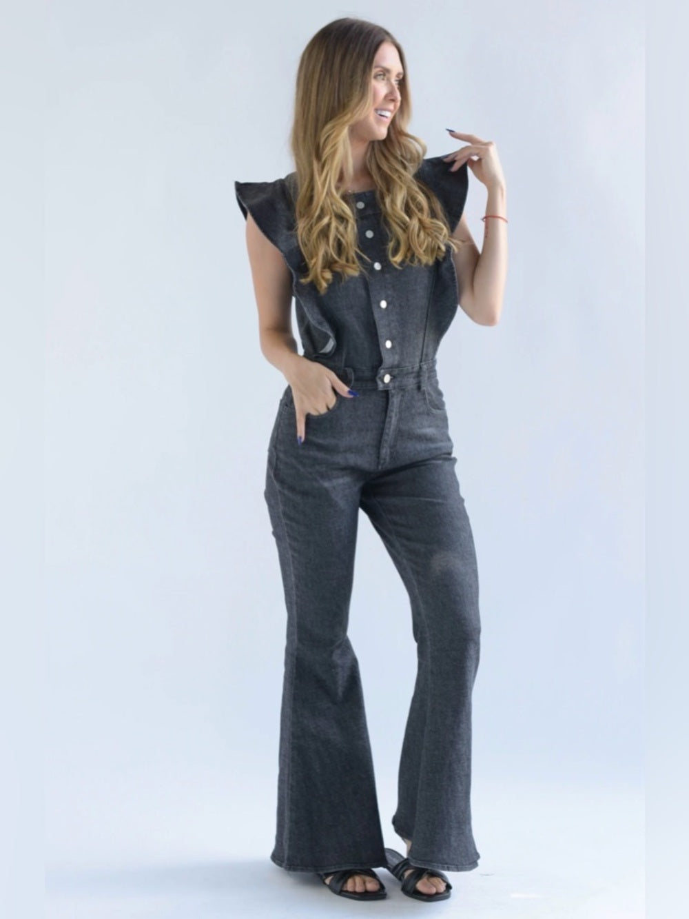 A402. Dark Gray Denim Jumpsuit with Button Front & Ruffle Sleeves