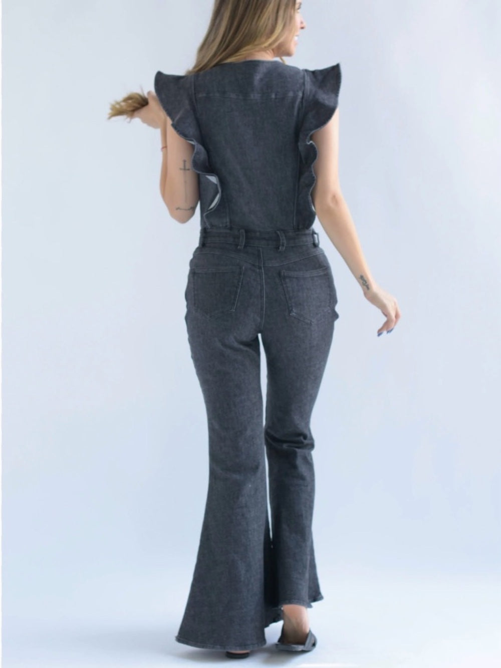 A402. Dark Gray Denim Jumpsuit with Button Front & Ruffle Sleeves
