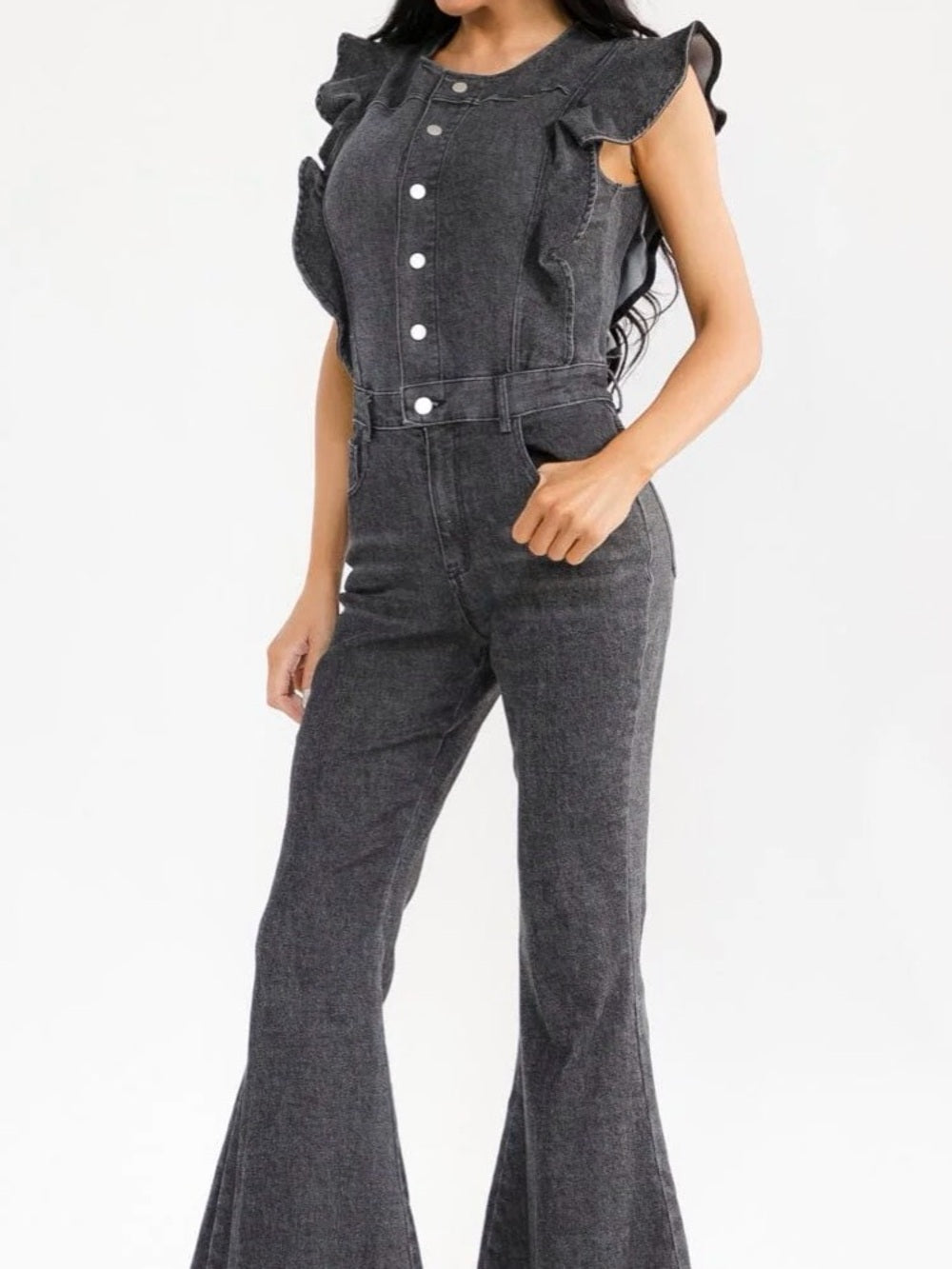 A402. Dark Gray Denim Jumpsuit with Button Front & Ruffle Sleeves