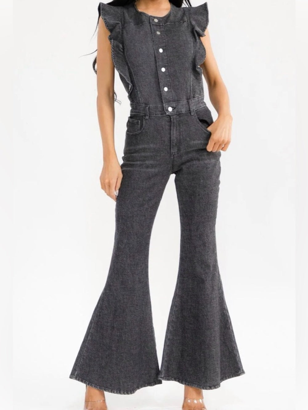A402. Dark Gray Denim Jumpsuit with Button Front & Ruffle Sleeves