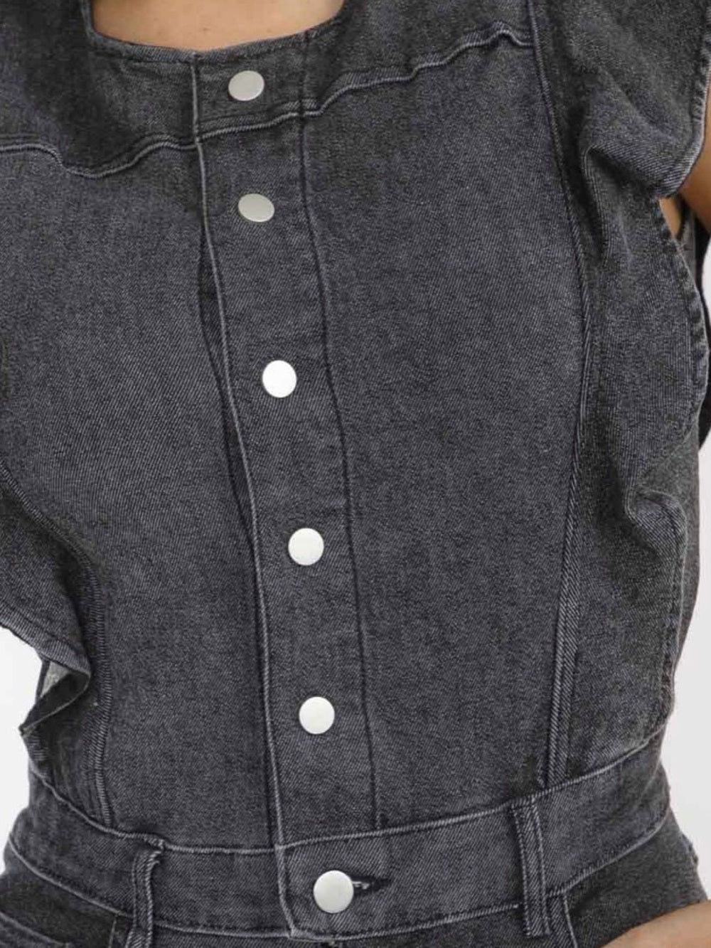 A402. Dark Gray Denim Jumpsuit with Button Front & Ruffle Sleeves