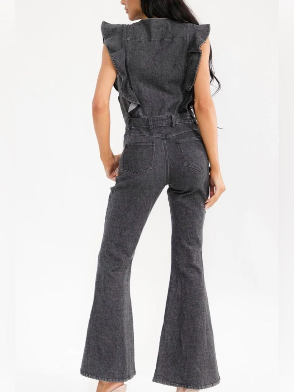 A402. Dark Gray Denim Jumpsuit with Button Front & Ruffle Sleeves