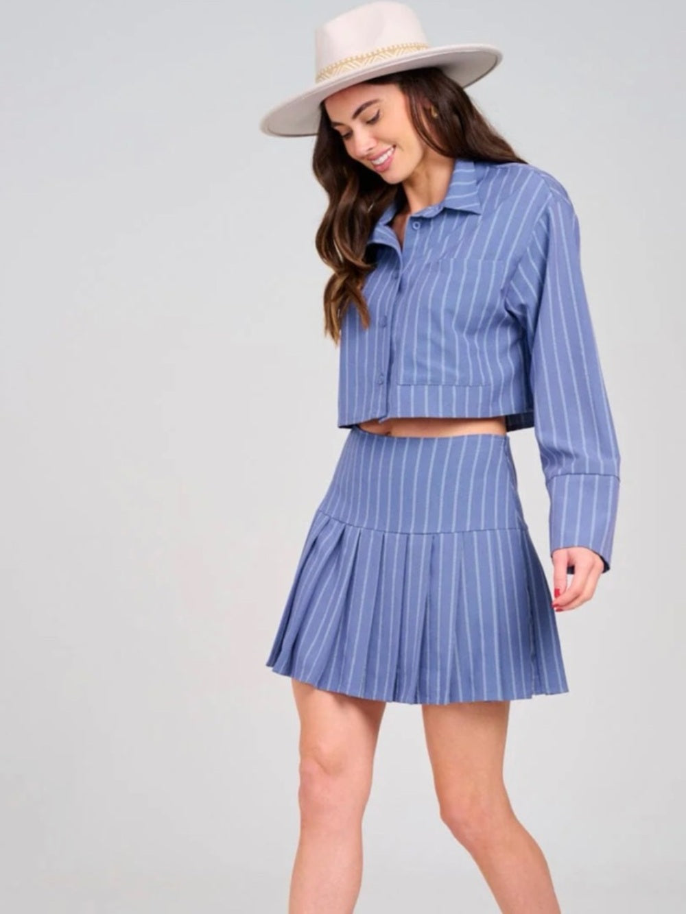 A405 Striped Blue Button Down Shirt & Pleated Mini Skirt