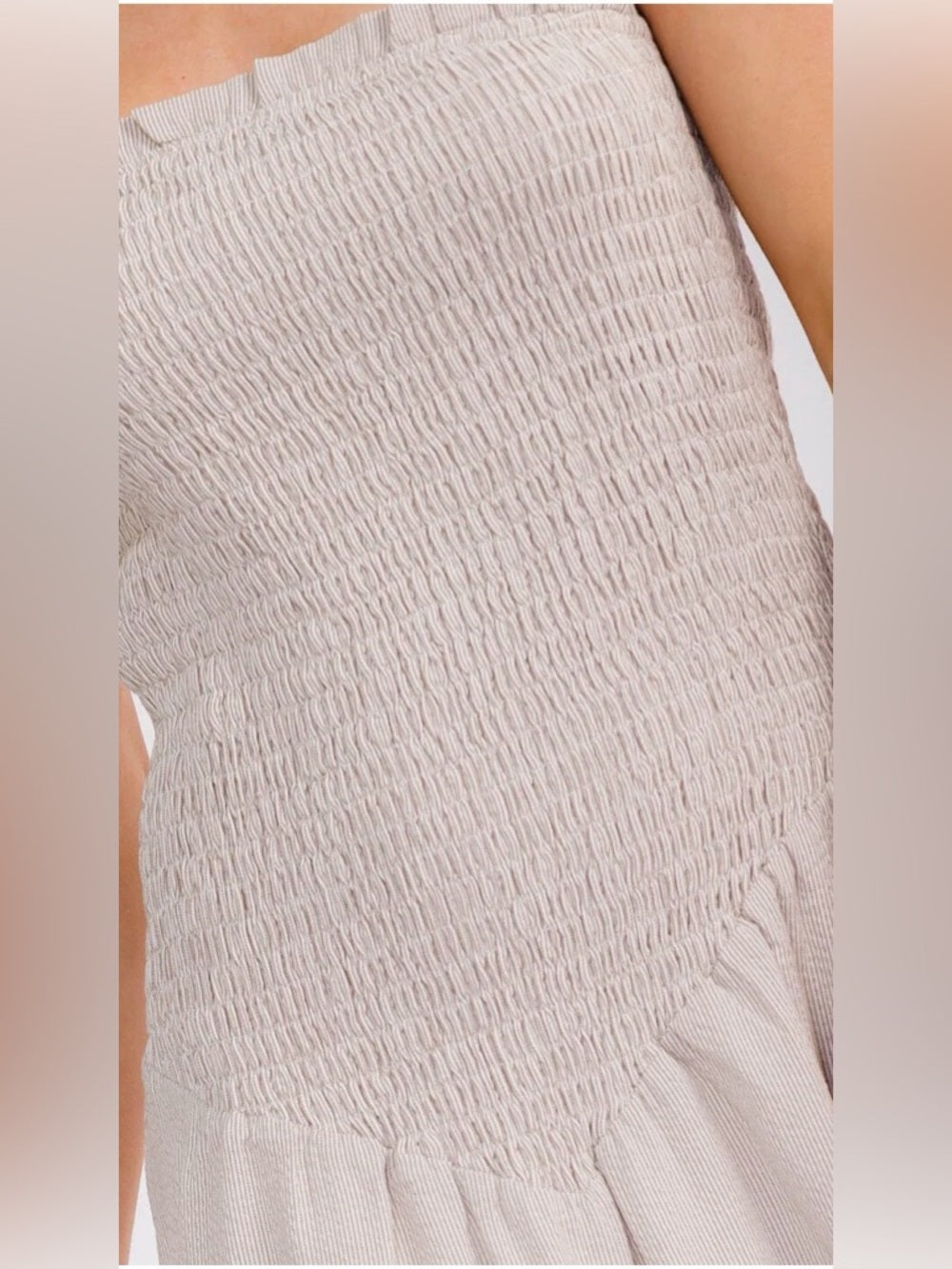 A407. Strapless Smocked Maxi Dress in Light Beige