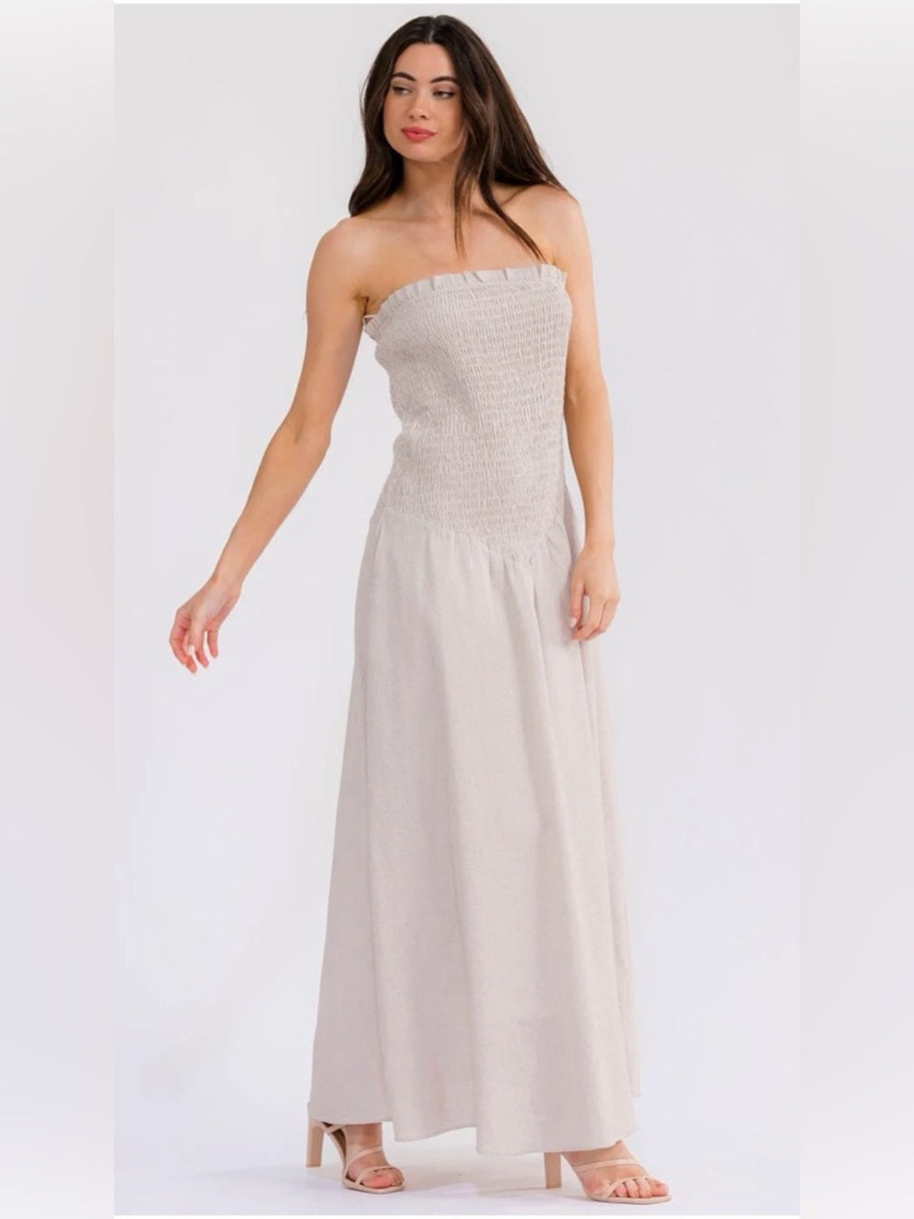 A407. Strapless Smocked Maxi Dress in Light Beige