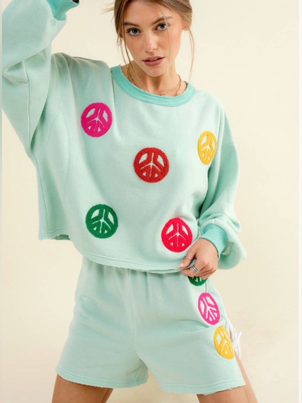 A408. Mint Peace Patch Two-Piece Lounge Set