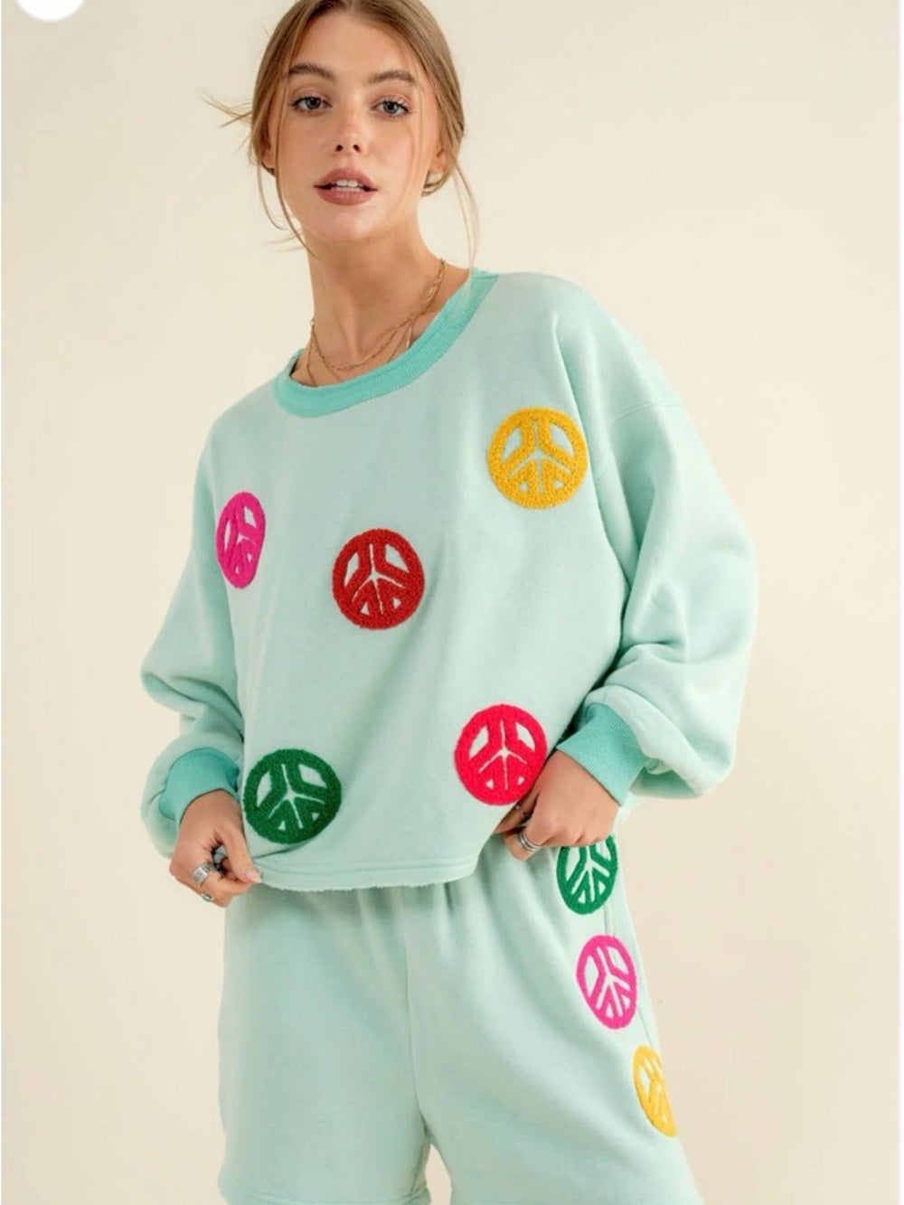 A408. Mint Peace Patch Two-Piece Lounge Set