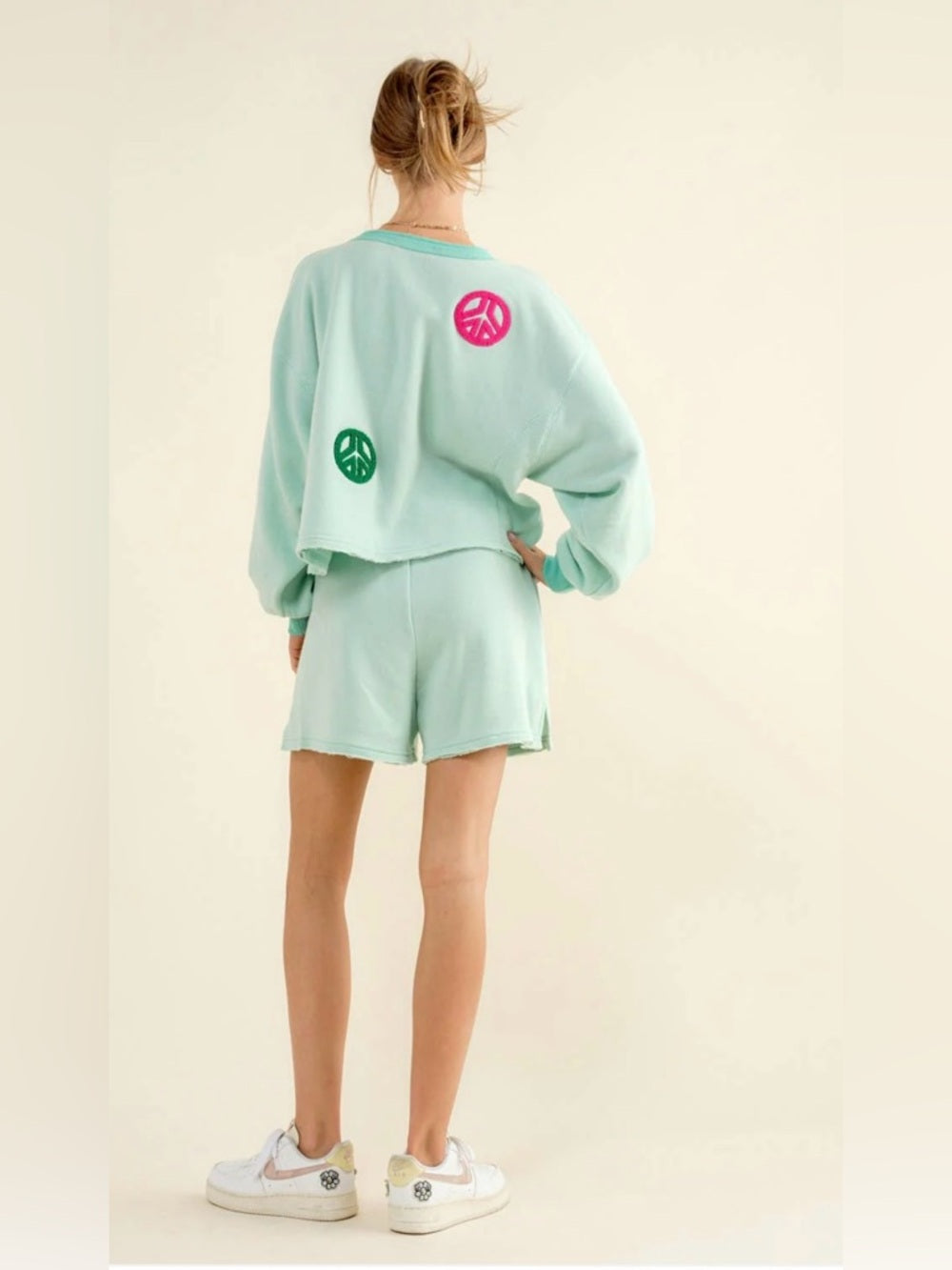 A408. Mint Peace Patch Two-Piece Lounge Set