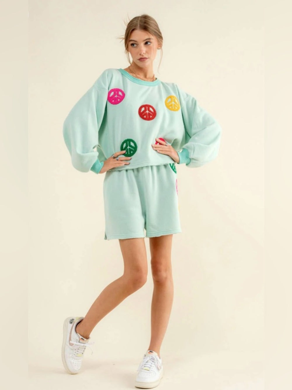 A408. Mint Peace Patch Two-Piece Lounge Set