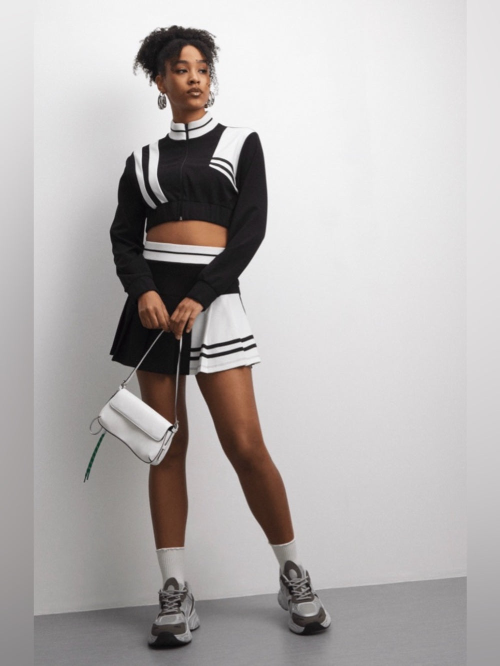 A409. Black & White Pleated Mini Skort & Jacker Set - Sporty Chic