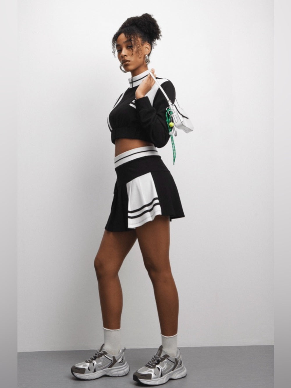 A409. Black & White Pleated Mini Skort & Jacker Set - Sporty Chic